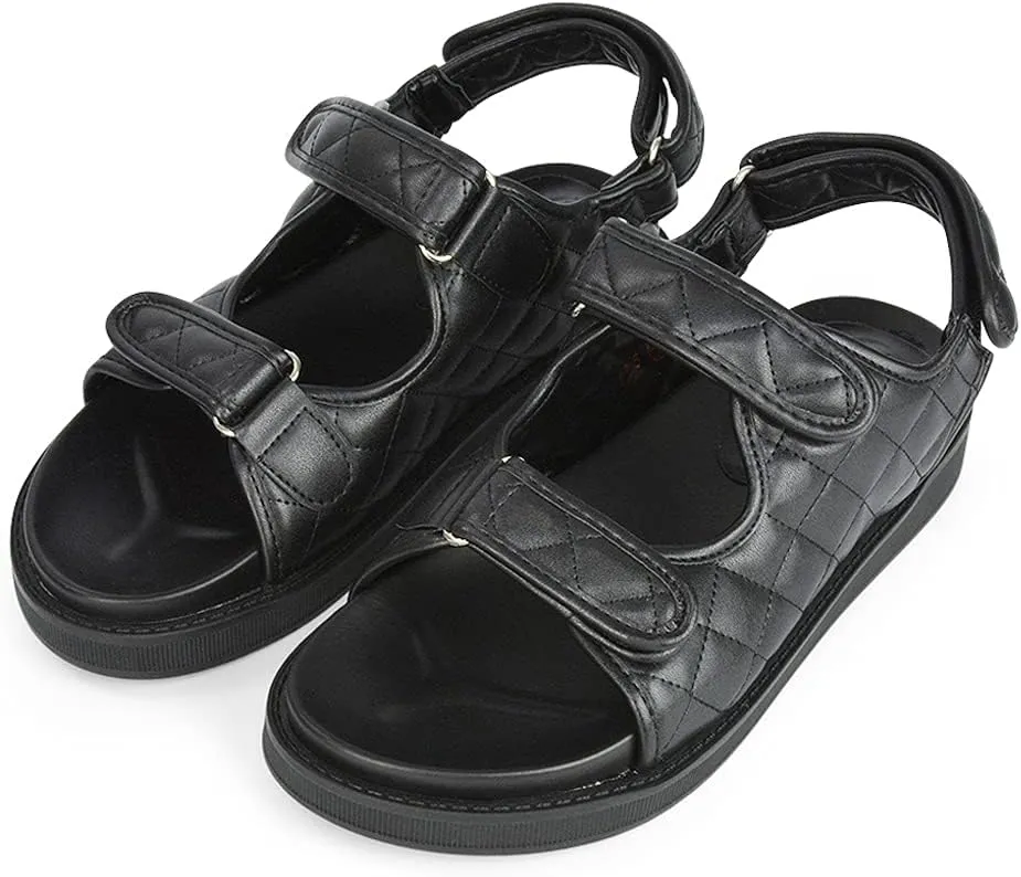 Womens Quilted Double Strap Flat Dad Sandals Ladies Flexible Sole Synthetic Leather Shoes
