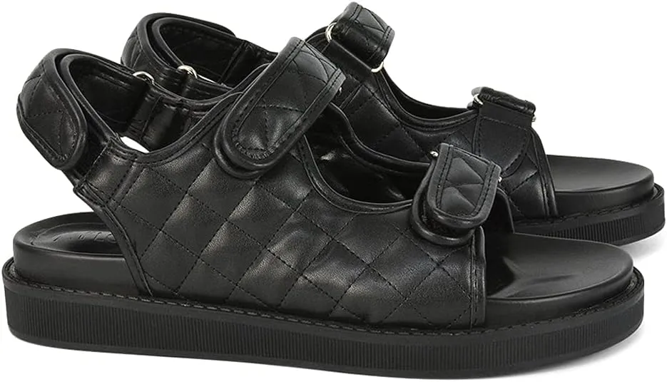 Womens Quilted Double Strap Flat Dad Sandals Ladies Flexible Sole Synthetic Leather Shoes