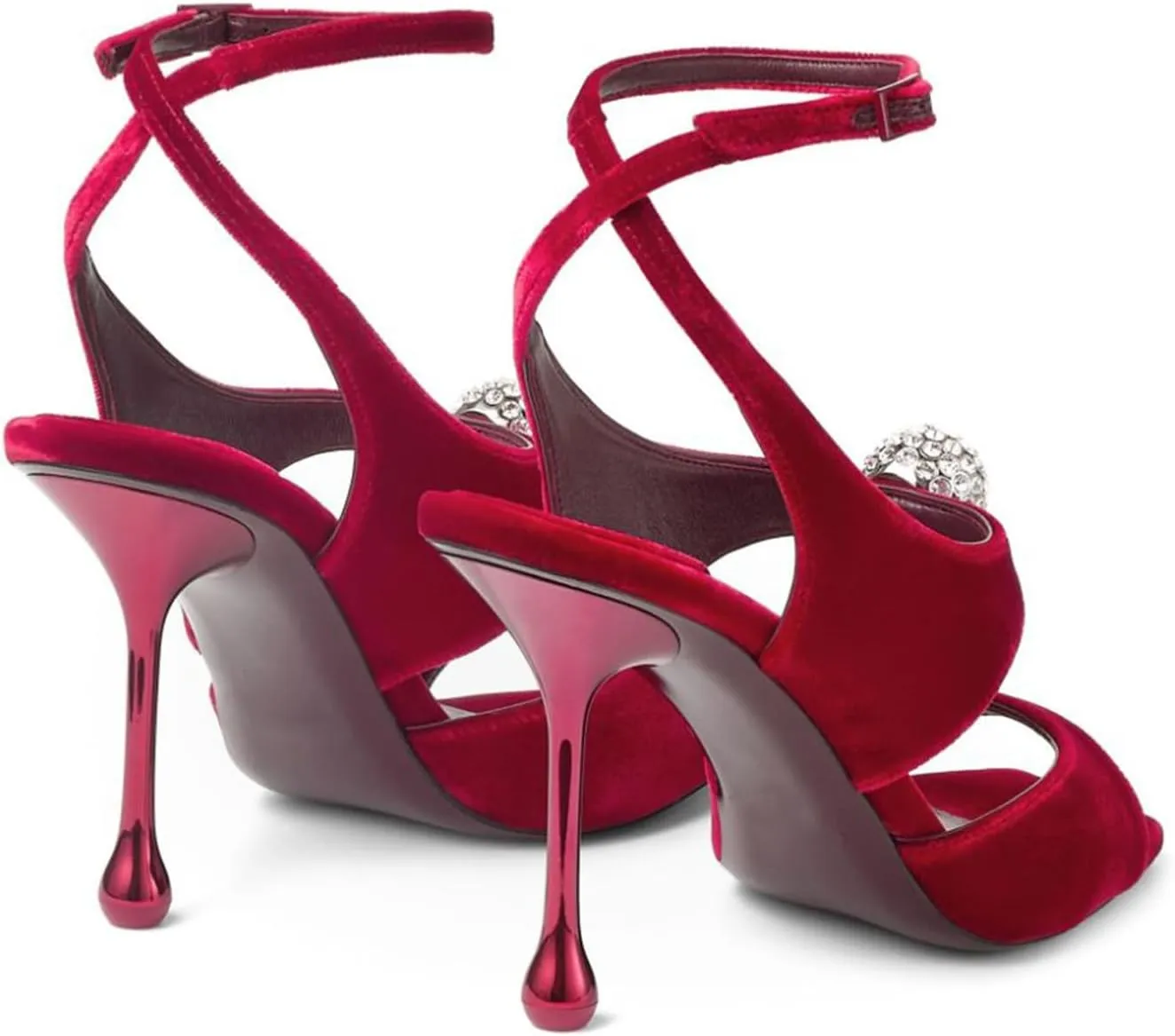 Women's Velvet High-Heeled Sandals With Rhinestone Crystal Square Open Toe Ankle Strap Buckle Stiletto Heels Bridal Wedding Party Dress Shoes