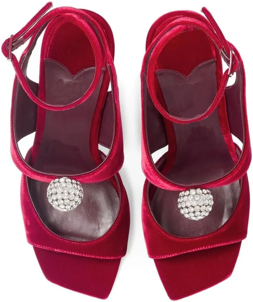 Women's Velvet High-Heeled Sandals With Rhinestone Crystal Square Open Toe Ankle Strap Buckle Stiletto Heels Bridal Wedding Party Dress Shoes