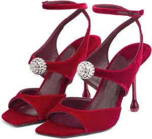 Women's Velvet High-Heeled Sandals With Rhinestone Crystal Square Open Toe Ankle Strap Buckle Stiletto Heels Bridal Wedding Party Dress Shoes