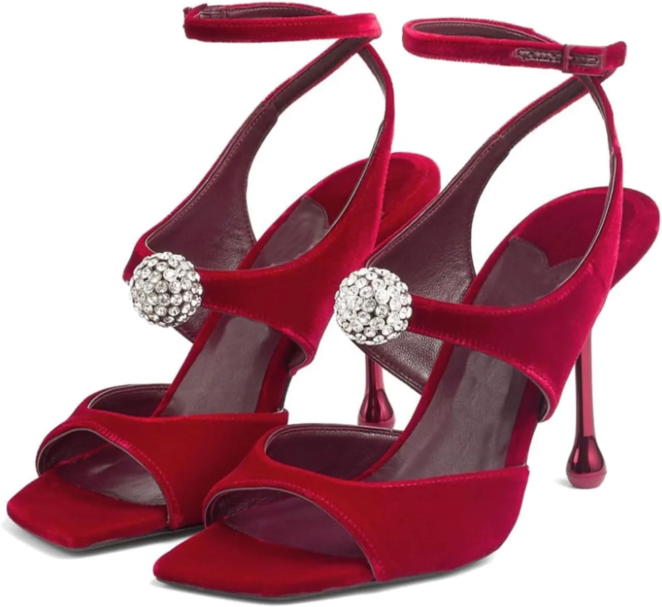 Women's Velvet High-Heeled Sandals With Rhinestone Crystal Square Open Toe Ankle Strap Buckle Stiletto Heels Bridal Wedding Party Dress Shoes