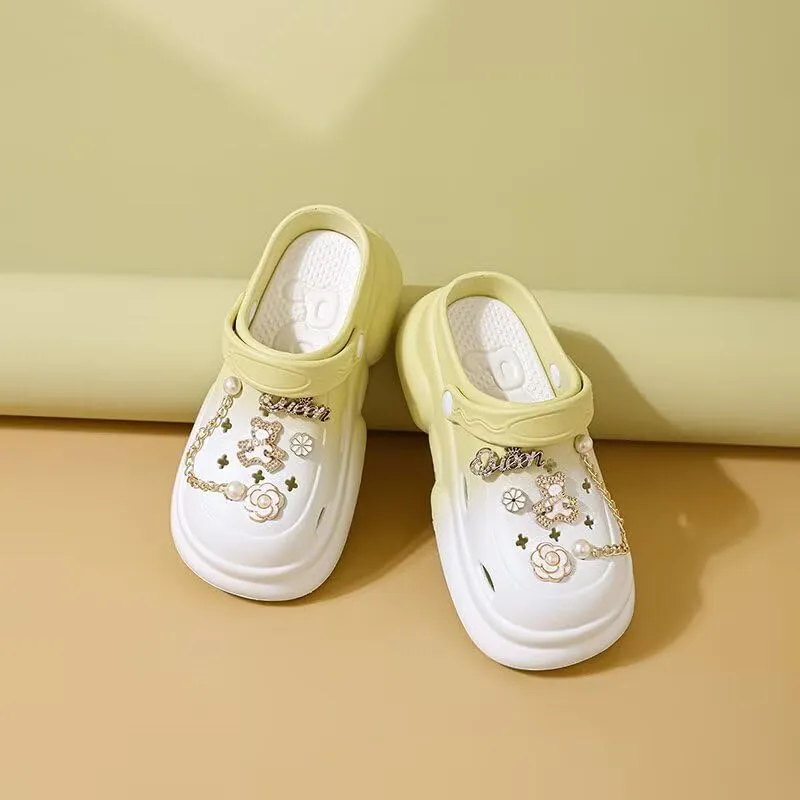 Women's Waterproof Platform Clogs with Pearl & Jewel Charms – Unique Elegant Mule Sandals Slippers for Beach,Pool,Gardening,Indoor,Parties,and Outdoor Summer Wear