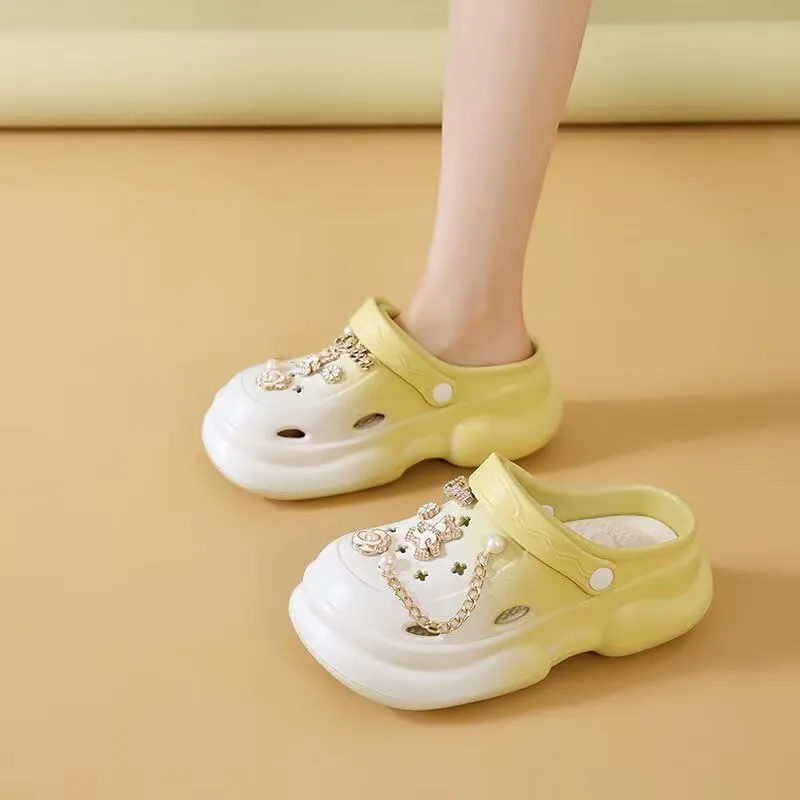 Women's Waterproof Platform Clogs with Pearl & Jewel Charms – Unique Elegant Mule Sandals Slippers for Beach,Pool,Gardening,Indoor,Parties,and Outdoor Summer Wear