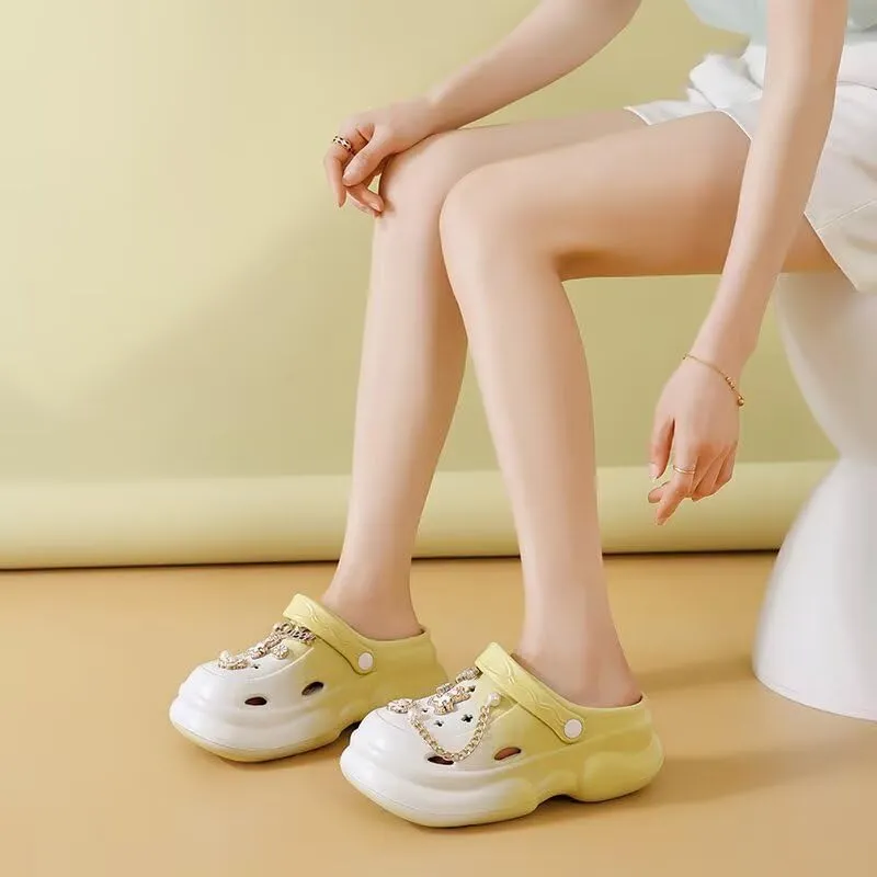Women's Waterproof Platform Clogs with Pearl & Jewel Charms – Unique Elegant Mule Sandals Slippers for Beach,Pool,Gardening,Indoor,Parties,and Outdoor Summer Wear