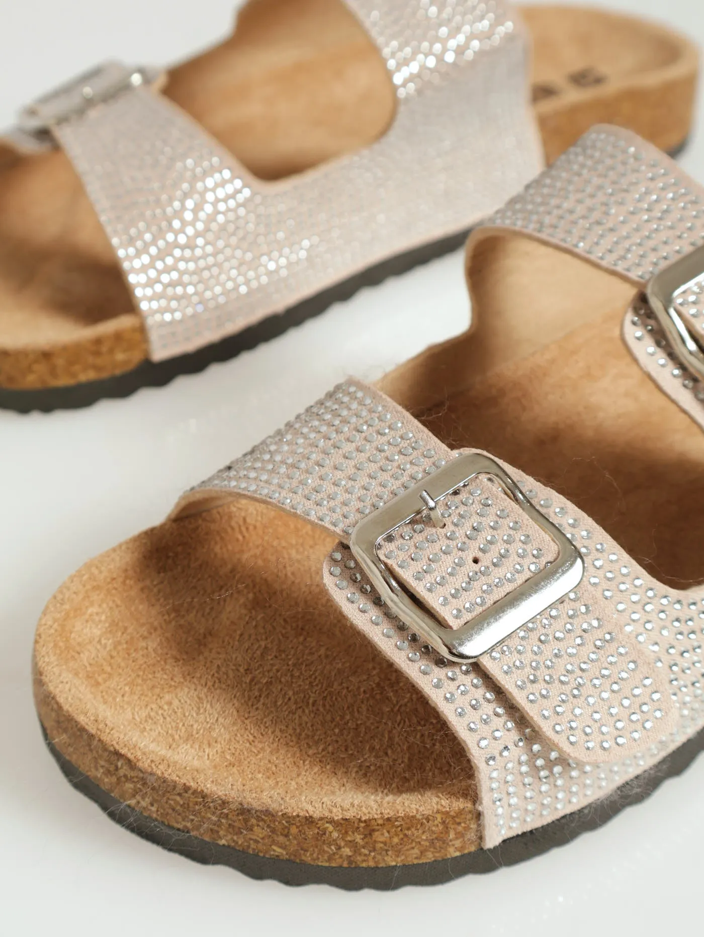 X-Double Strap Diamante Buckle Mule Sandal - Sand