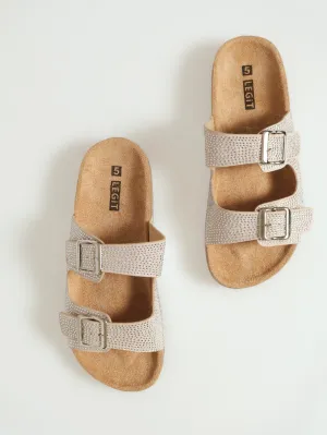 X-Double Strap Diamante Buckle Mule Sandal - Sand