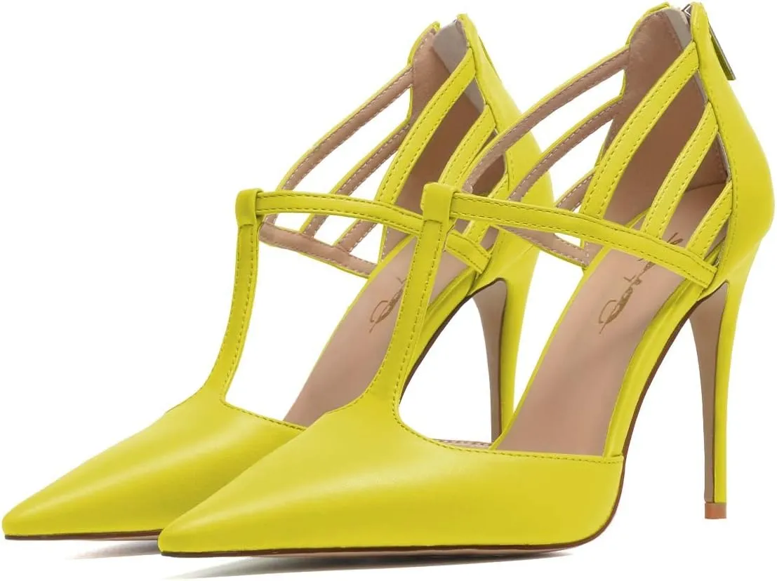 XYD High Stiletto Heels Pumps for Women T-strap Cut Out Pointed Toe Strappy Back Zip Office Lady Dress Party Sandal Shoes