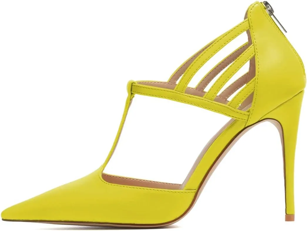 XYD High Stiletto Heels Pumps for Women T-strap Cut Out Pointed Toe Strappy Back Zip Office Lady Dress Party Sandal Shoes