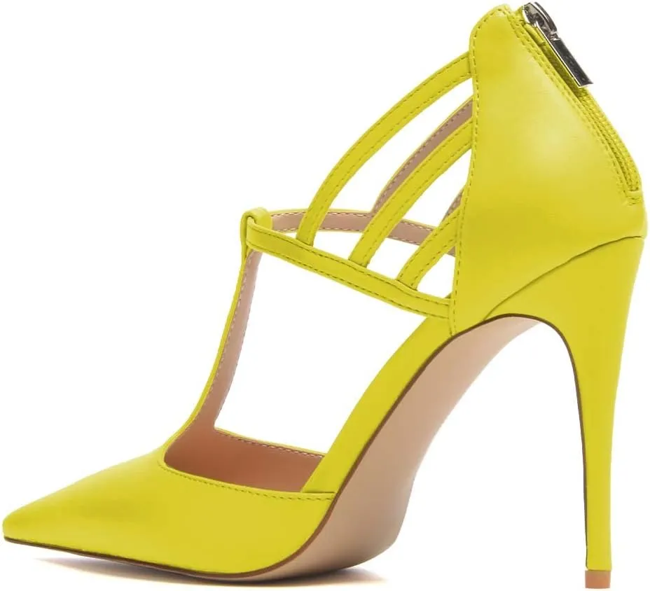 XYD High Stiletto Heels Pumps for Women T-strap Cut Out Pointed Toe Strappy Back Zip Office Lady Dress Party Sandal Shoes