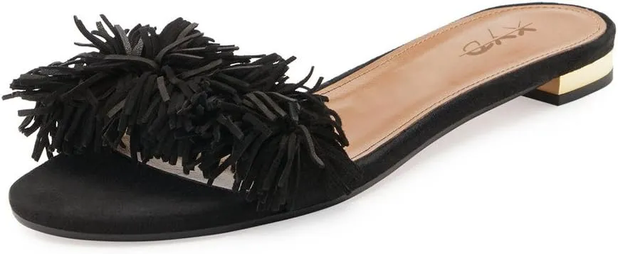 XYD Summer Fringe Slide Sandals Slip On Comfortable Slippers Solid Women Loafer Shoes Easy Walking