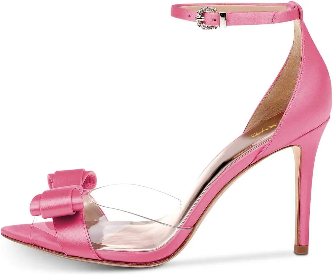 XYD Women Pointy Peep Toe Stiletto High Heels Ankle Strap Bows Sandals PVC Satin D'Orsay Pumps