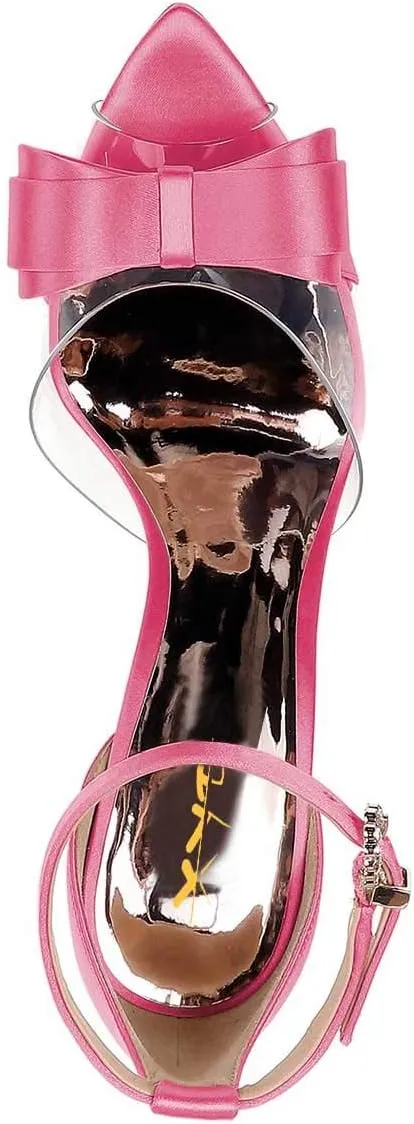 XYD Women Pointy Peep Toe Stiletto High Heels Ankle Strap Bows Sandals PVC Satin D'Orsay Pumps