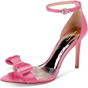 XYD Women Pointy Peep Toe Stiletto High Heels Ankle Strap Bows Sandals PVC Satin D'Orsay Pumps