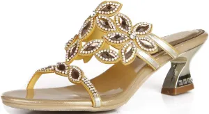 YooPrettyz Women Open Toe Flowers Comfort Chunky Low Heels Rhinestone Dress Sandals