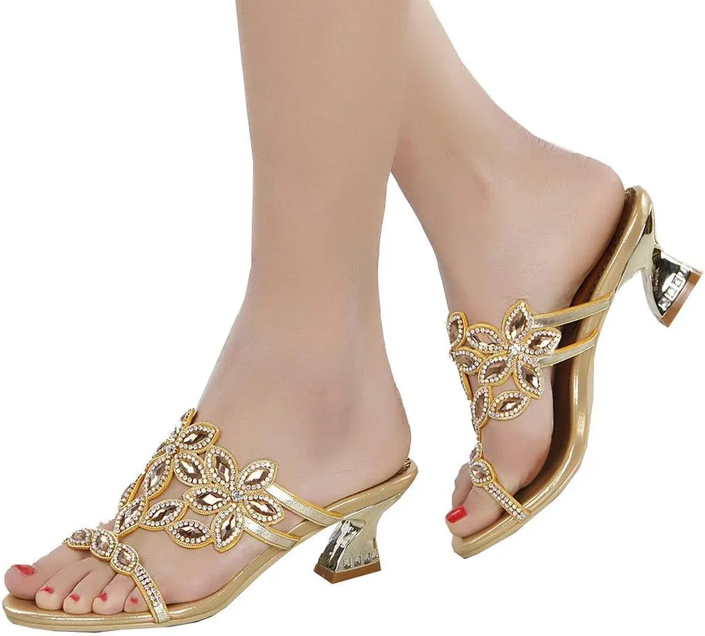 YooPrettyz Women Open Toe Flowers Comfort Chunky Low Heels Rhinestone Dress Sandals