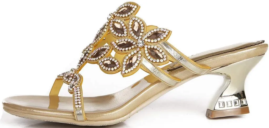 YooPrettyz Women Open Toe Flowers Comfort Chunky Low Heels Rhinestone Dress Sandals