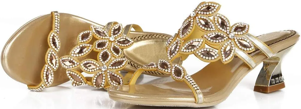YooPrettyz Women Open Toe Flowers Comfort Chunky Low Heels Rhinestone Dress Sandals