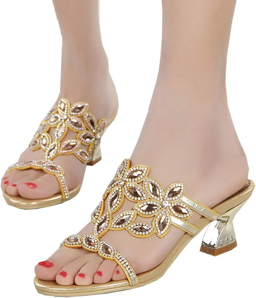 YooPrettyz Women Open Toe Flowers Comfort Chunky Low Heels Rhinestone Dress Sandals