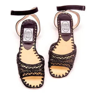 Zig Zag Raffia Open Flat Sandal-Black