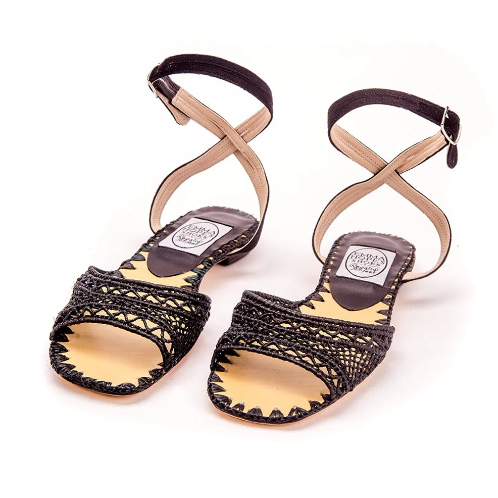 Zig Zag Raffia Open Flat Sandal-Black