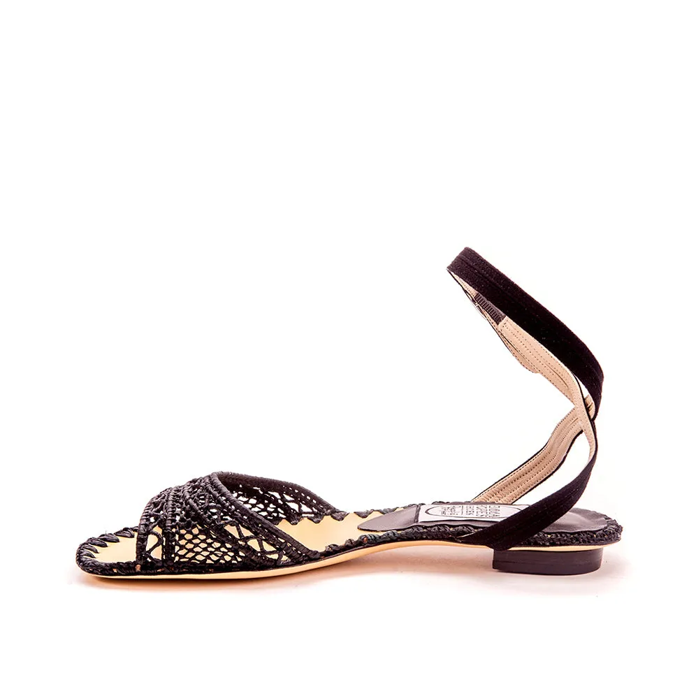 Zig Zag Raffia Open Flat Sandal-Black