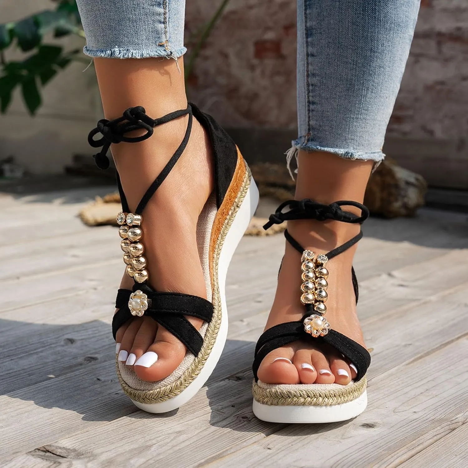 ZSpzx 2025 Boho Wedge Sandals for Women Orthopedic Open Toe T-Strap Lace Up Low Heels Arch Support Flower Sandal Ladies Walking Summer Comfortable Dressy Shoes for Daily Wear Outdoor Indoor