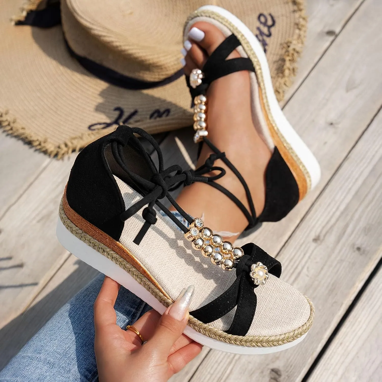 ZSpzx 2025 Boho Wedge Sandals for Women Orthopedic Open Toe T-Strap Lace Up Low Heels Arch Support Flower Sandal Ladies Walking Summer Comfortable Dressy Shoes for Daily Wear Outdoor Indoor