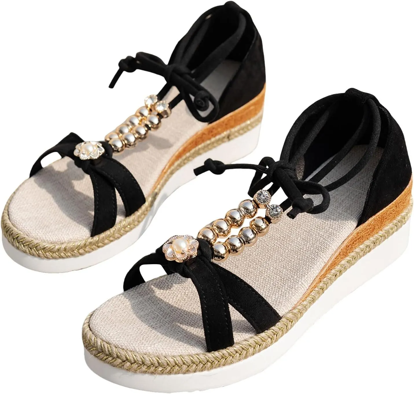 ZSpzx 2025 Boho Wedge Sandals for Women Orthopedic Open Toe T-Strap Lace Up Low Heels Arch Support Flower Sandal Ladies Walking Summer Comfortable Dressy Shoes for Daily Wear Outdoor Indoor