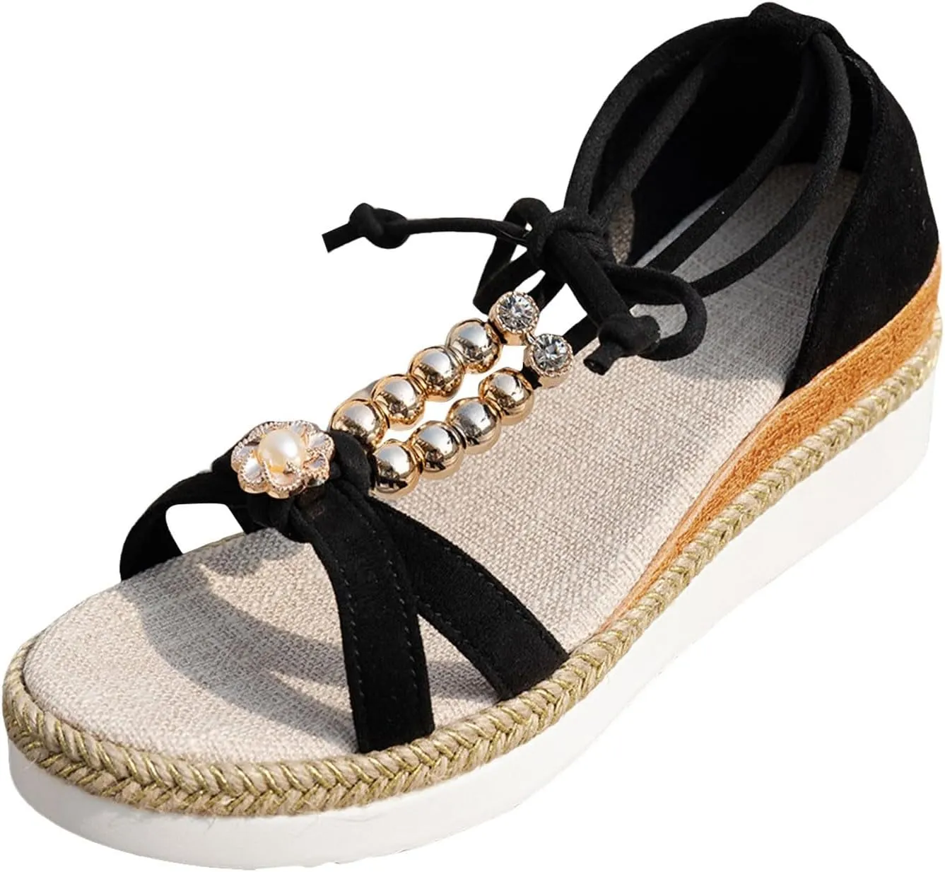 ZSpzx 2025 Boho Wedge Sandals for Women Orthopedic Open Toe T-Strap Lace Up Low Heels Arch Support Flower Sandal Ladies Walking Summer Comfortable Dressy Shoes for Daily Wear Outdoor Indoor