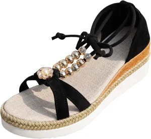ZSpzx 2025 Boho Wedge Sandals for Women Orthopedic Open Toe T-Strap Lace Up Low Heels Arch Support Flower Sandal Ladies Walking Summer Comfortable Dressy Shoes for Daily Wear Outdoor Indoor