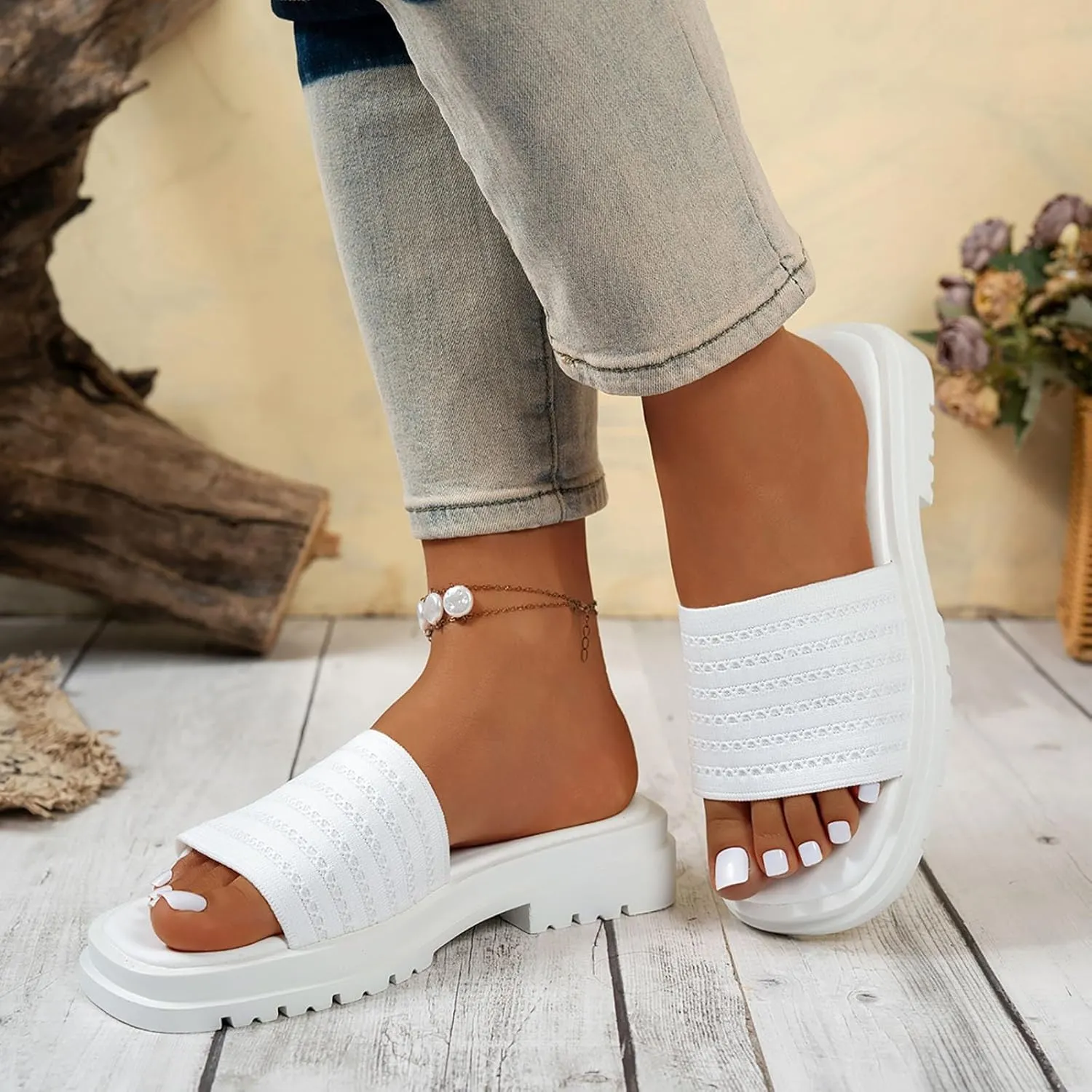 ZSpzx 2025 Women's Slide Sandals Orthopedic Slip On Platform Sandal Ladies Low Heel Beach Slippers Casual Shoes Wedge Comfortable Daily Wear Shoe Cushion Footbed Indoor Outdoor Slides