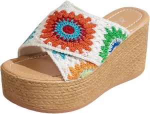 ZSpzx Espadrilles Platform Sandals for Women 2025 with Embroidered straps Open Toe Slip On Sandal Ladies Cushion Footbed Low Wedges Heel Non-Slip Slippers Floral Shoes for Beach Travel Daily Wear