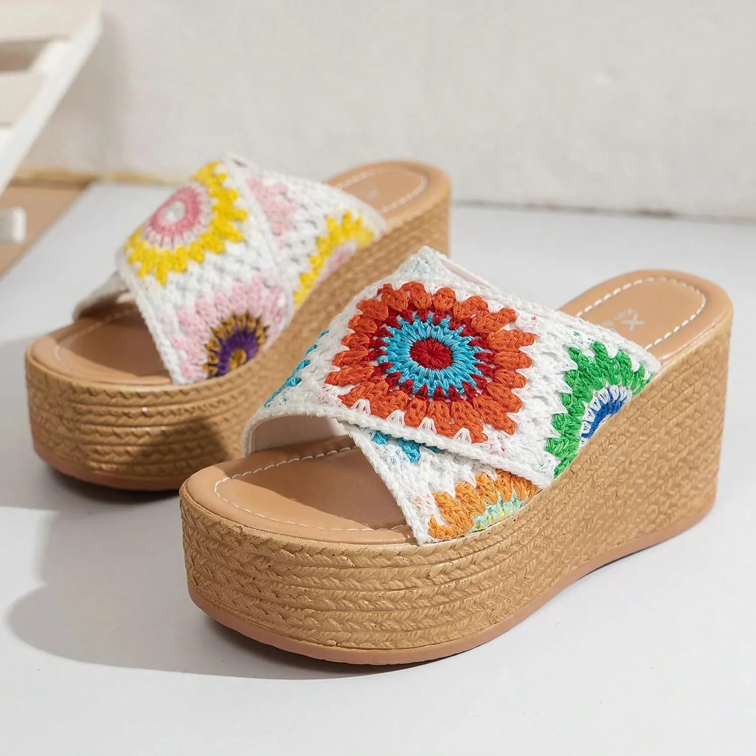 ZSpzx Espadrilles Platform Sandals for Women 2025 with Embroidered straps Open Toe Slip On Sandal Ladies Cushion Footbed Low Wedges Heel Non-Slip Slippers Floral Shoes for Beach Travel Daily Wear