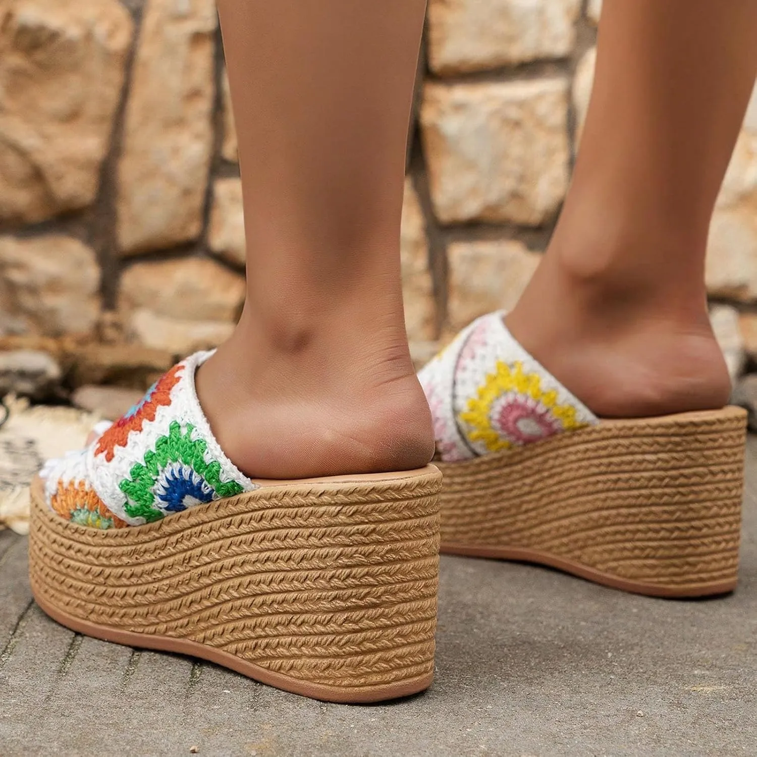 ZSpzx Espadrilles Platform Sandals for Women 2025 with Embroidered straps Open Toe Slip On Sandal Ladies Cushion Footbed Low Wedges Heel Non-Slip Slippers Floral Shoes for Beach Travel Daily Wear
