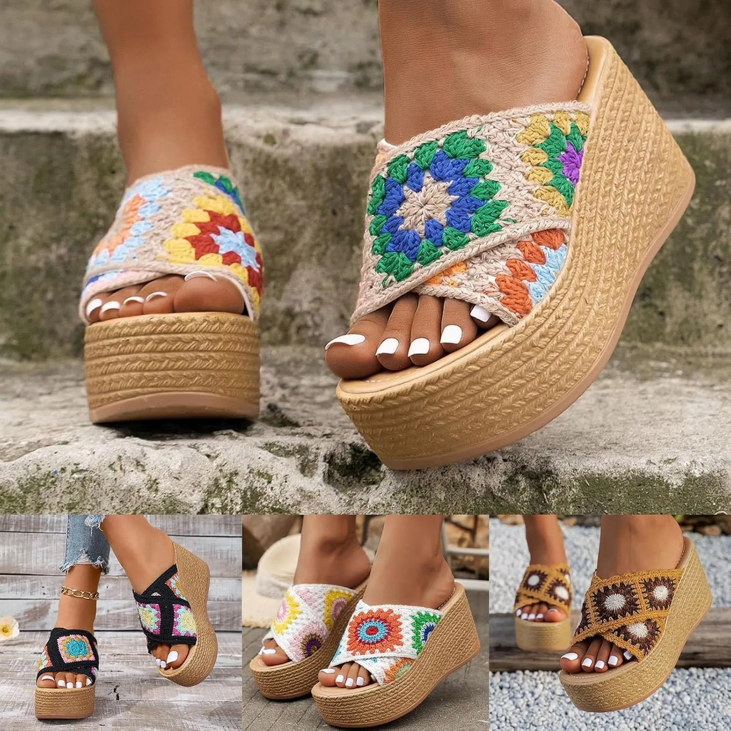 ZSpzx Espadrilles Platform Sandals for Women 2025 with Embroidered straps Open Toe Slip On Sandal Ladies Cushion Footbed Low Wedges Heel Non-Slip Slippers Floral Shoes for Beach Travel Daily Wear